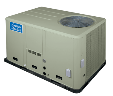 An American Standard rooftop HVAC unit, beige with a fan on top.