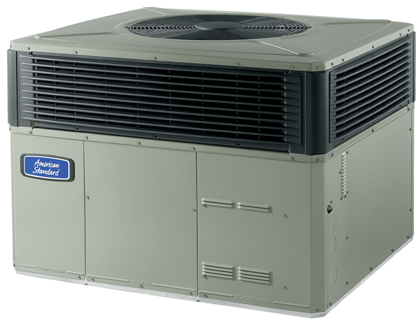 An American Standard rooftop HVAC unit with a fan on top, vents, and a side access panel.
