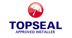 A logo for topseal approved installer with an umbrella in the middle