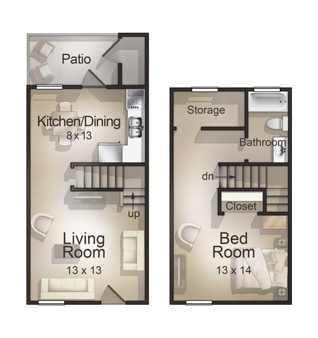 1 Bedroom / 1 Bathroom Townhouse