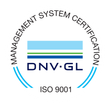 DNV-GL ISO 9001 Management System Certification seal. Light blue and green rectangular design with text.
