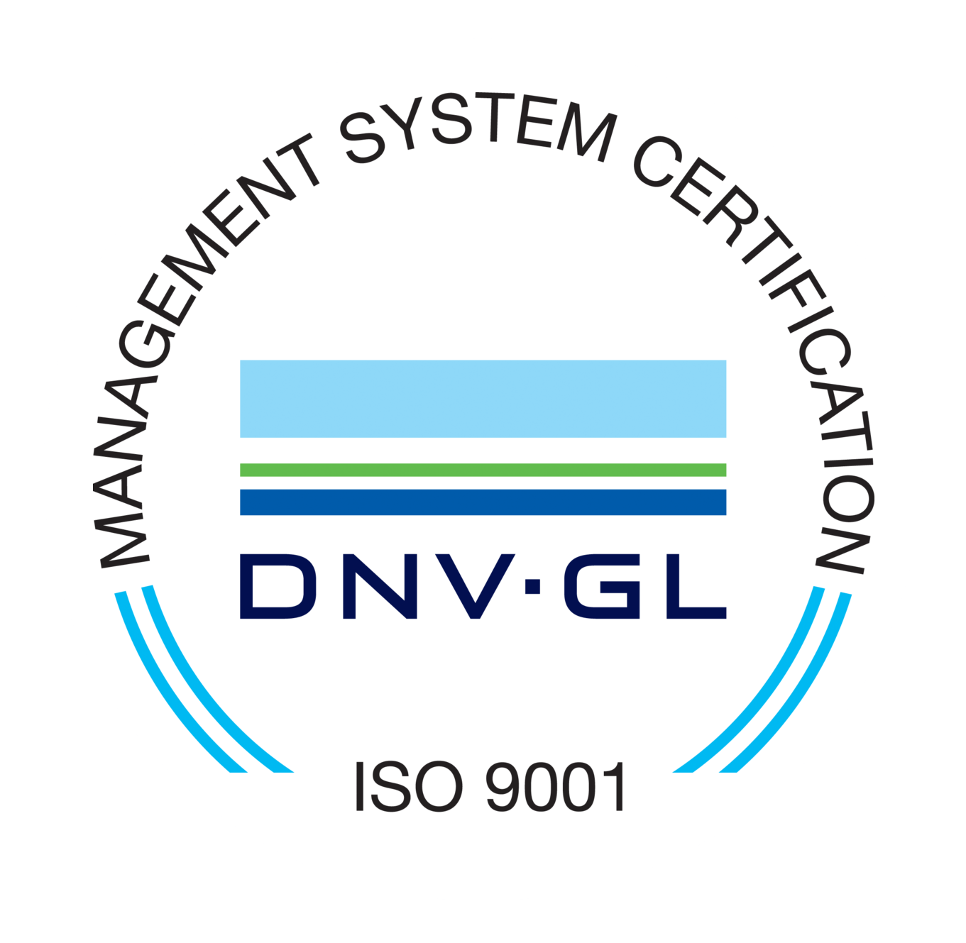 DNV GL ISO 9001 certification logo: blue and green design, text 