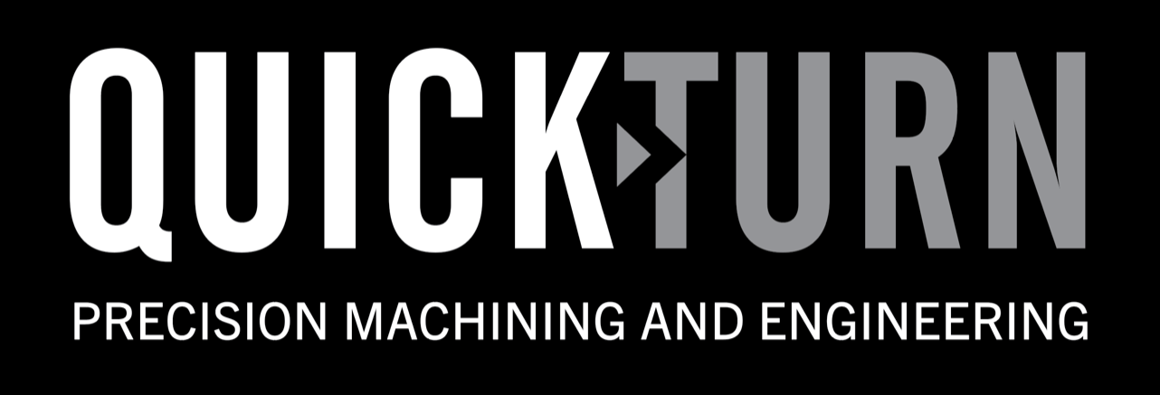Logo for QuickTurn Precision Machining and Engineering with white and grey text on a black background.