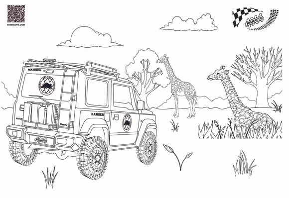 disegno da colorare con fuoristrada e giraffe