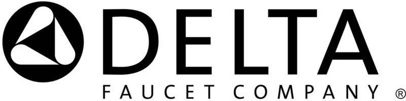 Delta Faucet logo with black circular symbol and bold black text on white background