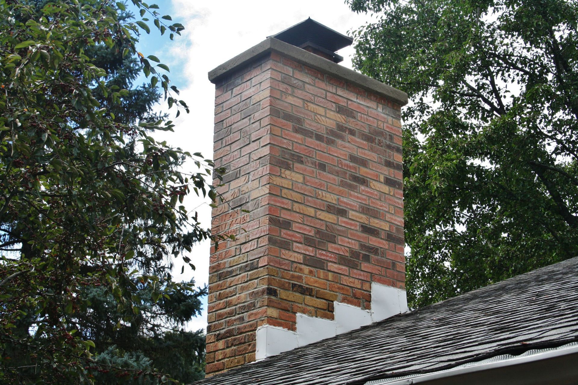 Brick chimney with black cap on a shingled roof, framed by leafy trees.