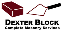 Dexter Block logo with red masonry icon, trowel outline, and “Complete Masonry Services” text