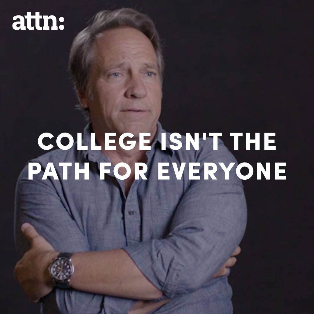 Man with folded arms beside text: “College isn’t the path for everyone”