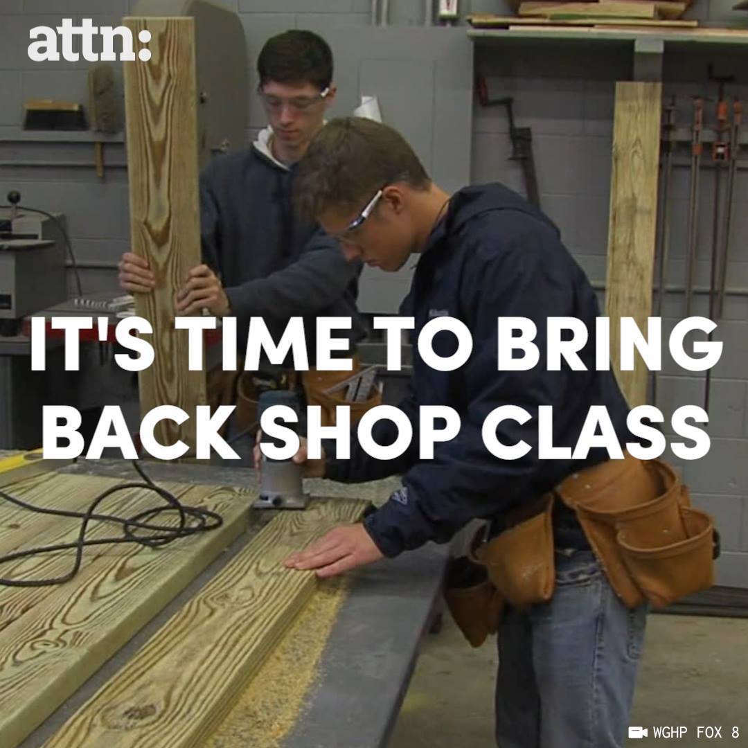 Two boys working with lumber in a shop class workshop, with text reading “It’s time to bring back shop class.”