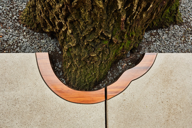 Curved wood bench built around a mature tree trunk set into a concrete patio