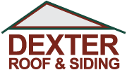 Dexter Roof & Siding logo with red and gray house roof icon and bold text