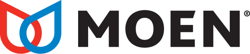 Moen logo in black and red with a blue-and-red water droplet icon