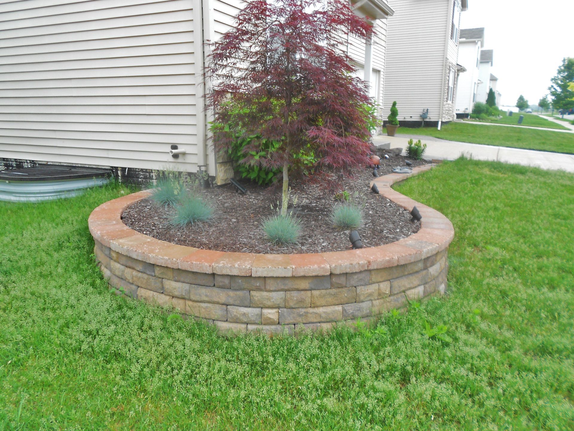 Round brick planter with a small red-leaf tree beside a house, surrounded by green grass.