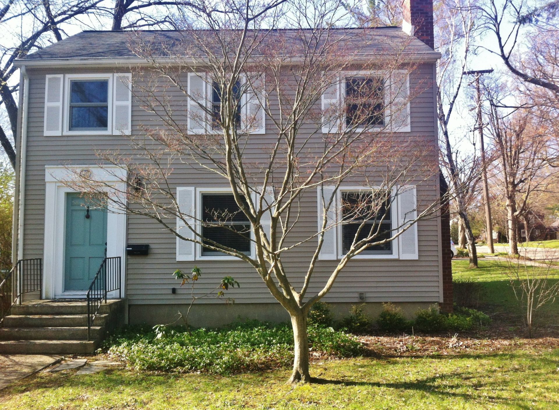 Two-story gray house with a front tree and leafless yard in daylight