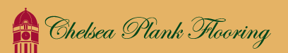 Chelsea Plank Flooring logo with maroon tower icon and green script text on beige background