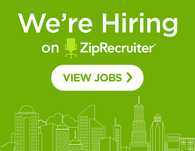 Green ZipRecruiter hiring ad with “We’re Hiring” and “View Jobs” button over city skyline