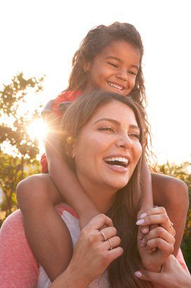 A woman is carrying a little girl on her shoulders.