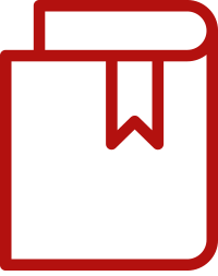 A red icon of a book with a bookmark on it.