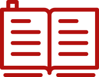 A red and white icon of an open book with lines on it.