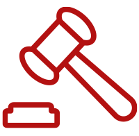 A red line drawing of a judge 's gavel and a piece of paper.