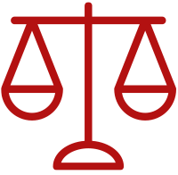 A red scale of justice icon on a white background.
