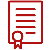 A red icon of a certificate with a seal and ribbon.