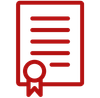 A red icon of a certificate with a seal and ribbon.
