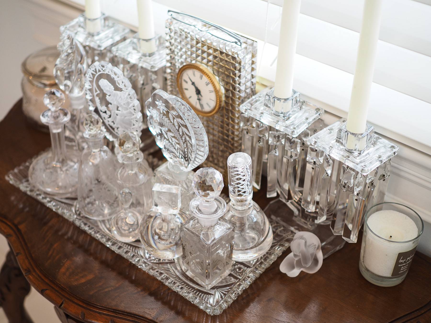 glass decorative perfume bottles and clock
