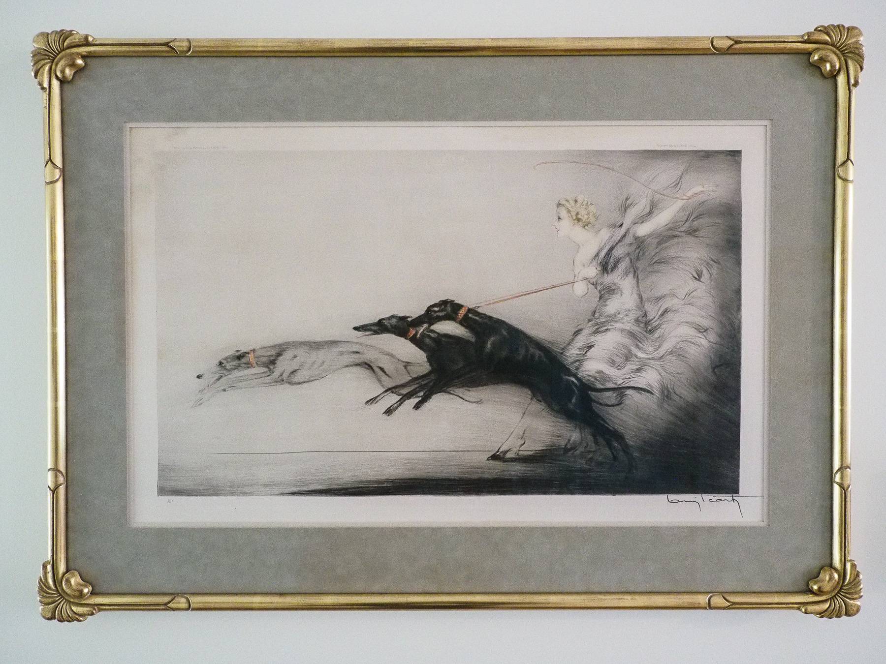 framed painting of woman walking dogs