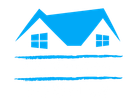 A blue icon featuring a house silhouette with two windows and two horizontal lines below it.
