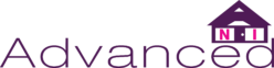 A logo for advanced with a house in the middle