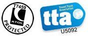 There are two logos on a white background , one is atol protected logo and the other is a tta logo.