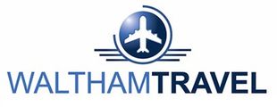 A logo for waltham travel with an airplane in a circle.