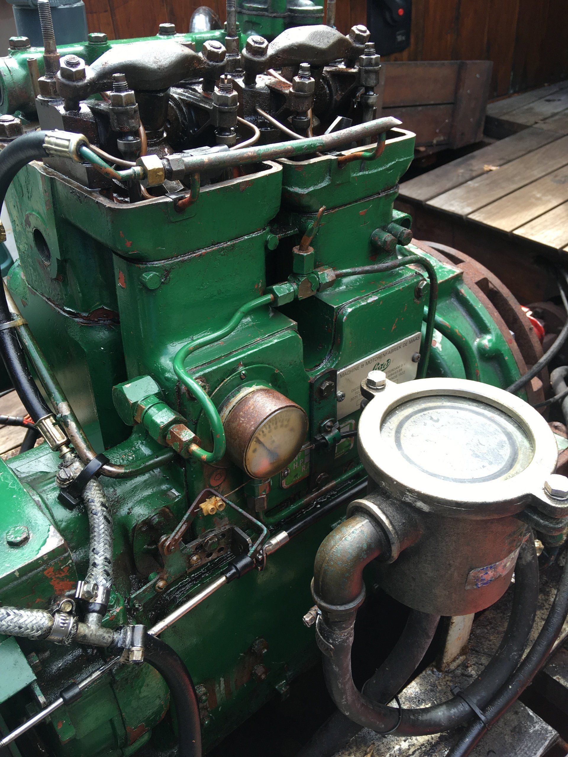 a Lister 2 cylinder diesel engine in a boat  with a new starter motor fitted