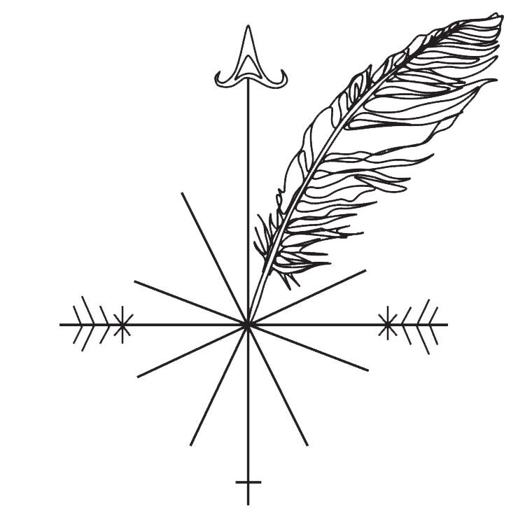 This is a drawing of the NorthFeather logo. It contains a feather and a compass rose.