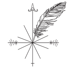 This is a drawing of the NorthFeather logo. It contains a feather and a compass rose.