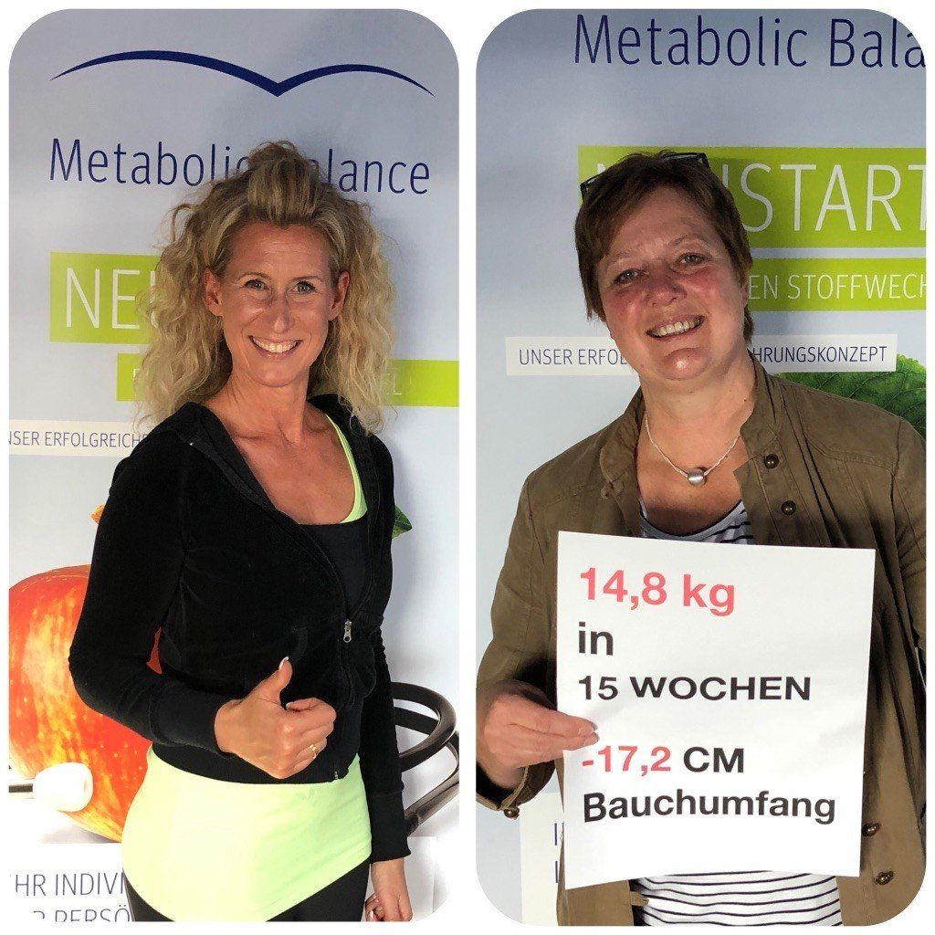 Zwei Frauen stehen nebeneinander, eine hält ein Schild mit der Aufschrift 14,8 kg in 15 Wochen