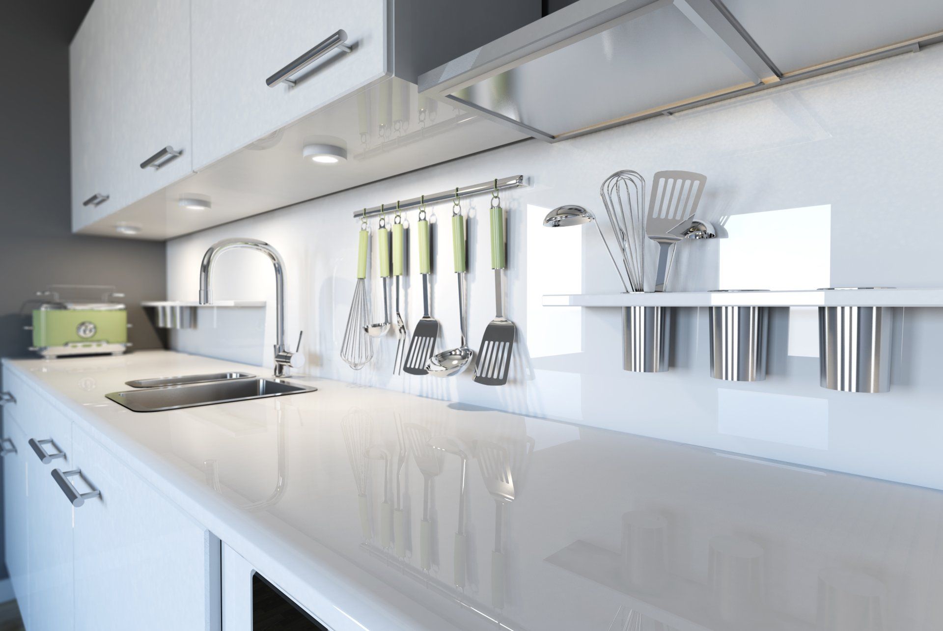 White Kitchen Splashback with Hanging Utensils — Headlands Glass in Ballina, NSW