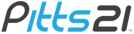 A blue and black logo for pitts 21 on a white background