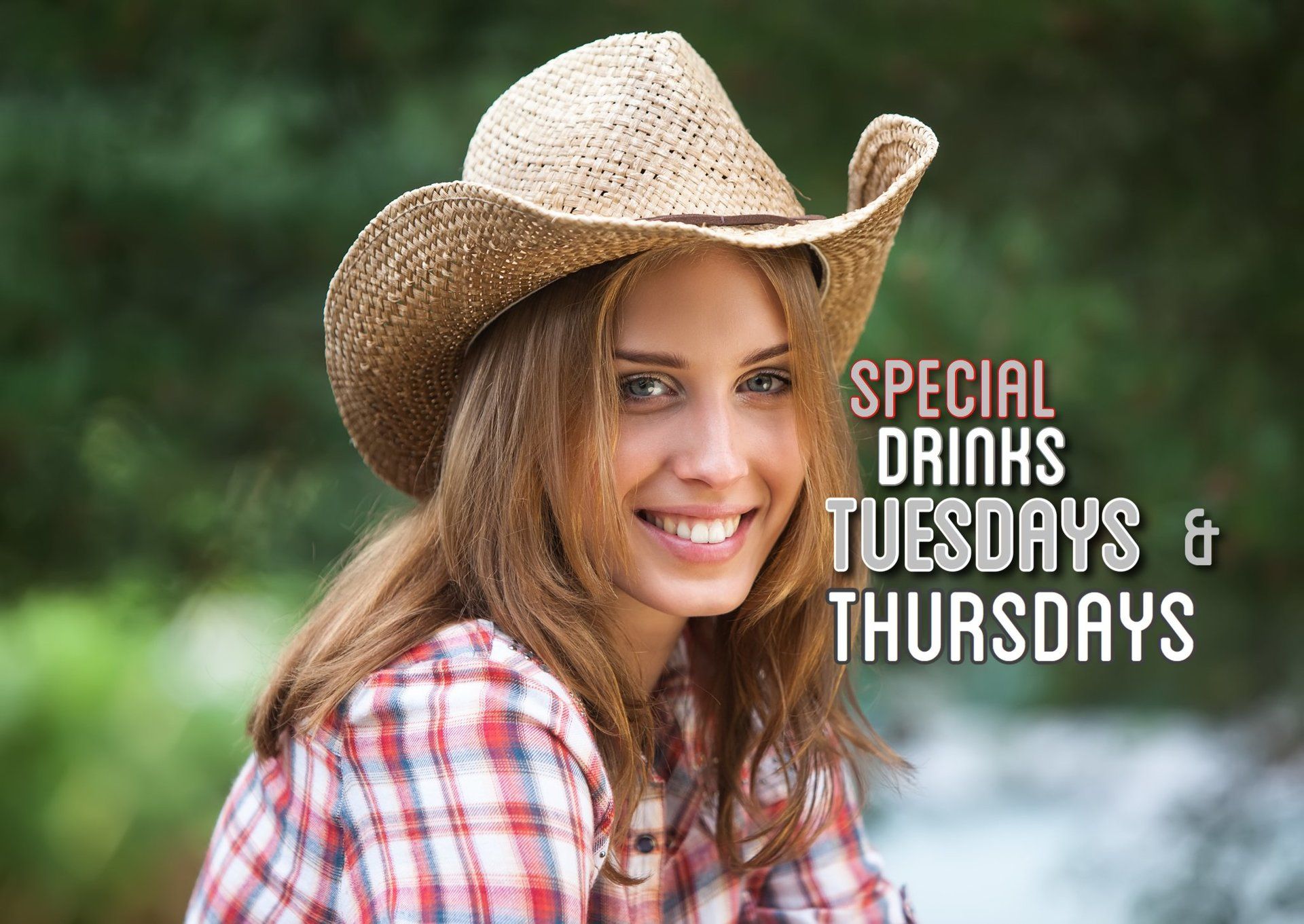 Woman in cowboy hat, plaid shirt. Text: