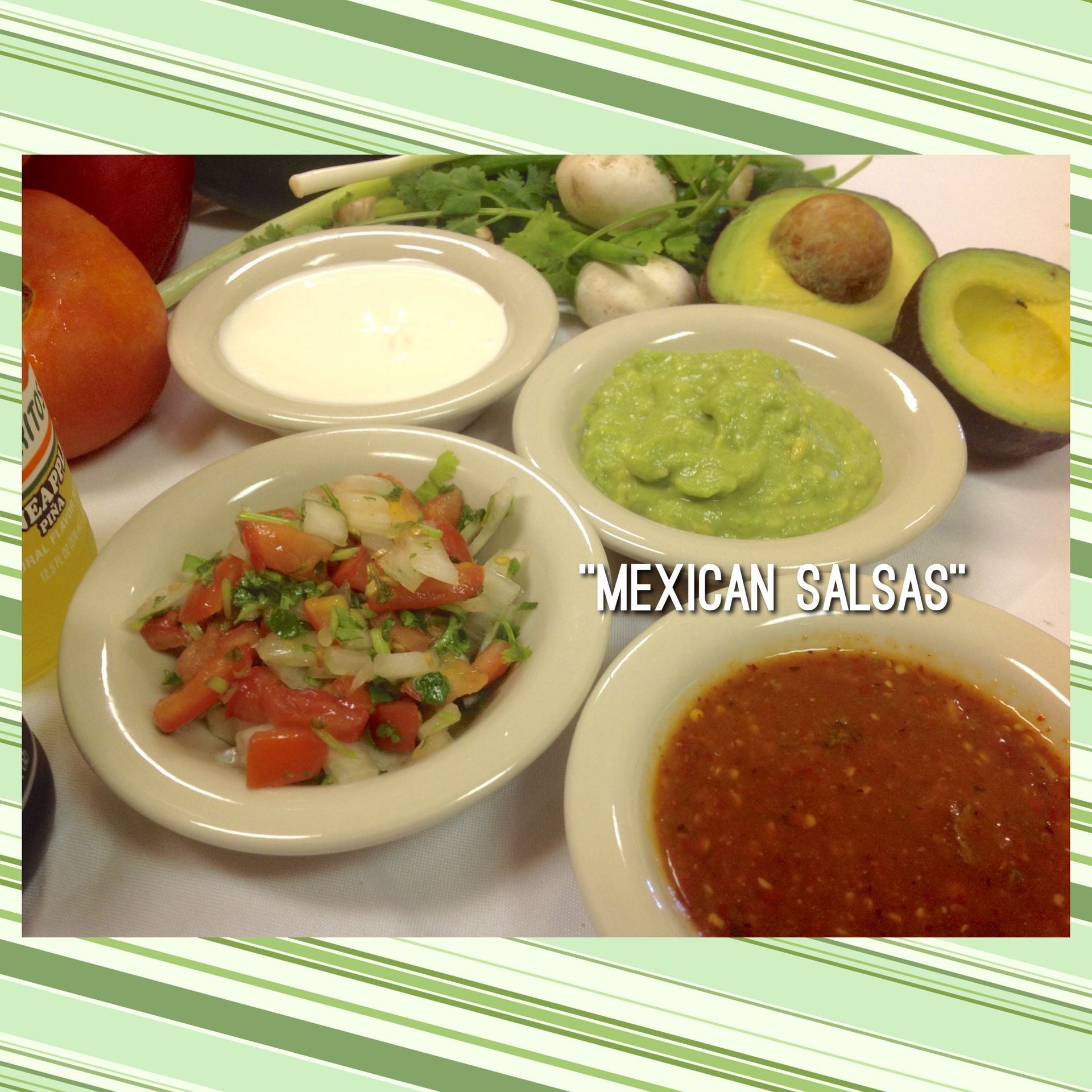 Various Mexican salsas in small bowls with fresh ingredients in the background.