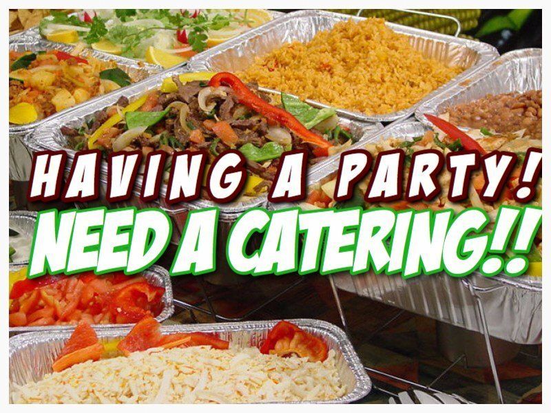 Catering ad featuring various food trays. Text: