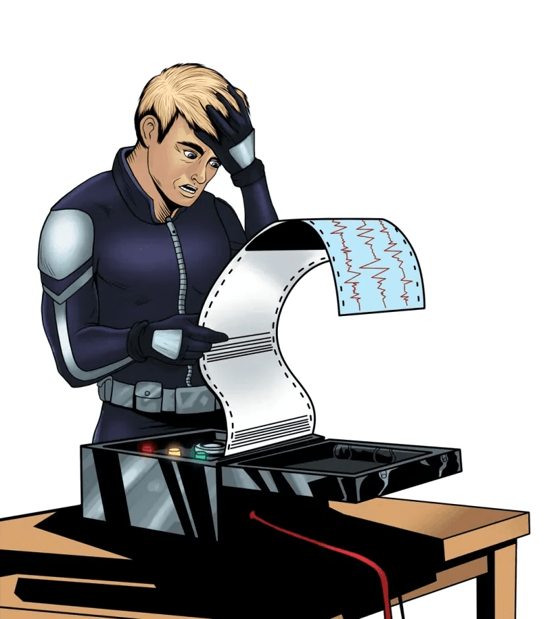 Boomer looks at a Lie Detector test spying, spies, The Spy Academy