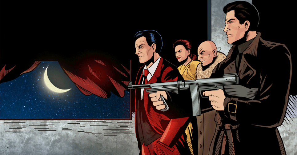 The Spy Academy evil villains Dr Zander, Boris, Cyber Lady and Eagle. An exciting image of spying, robots and criminals