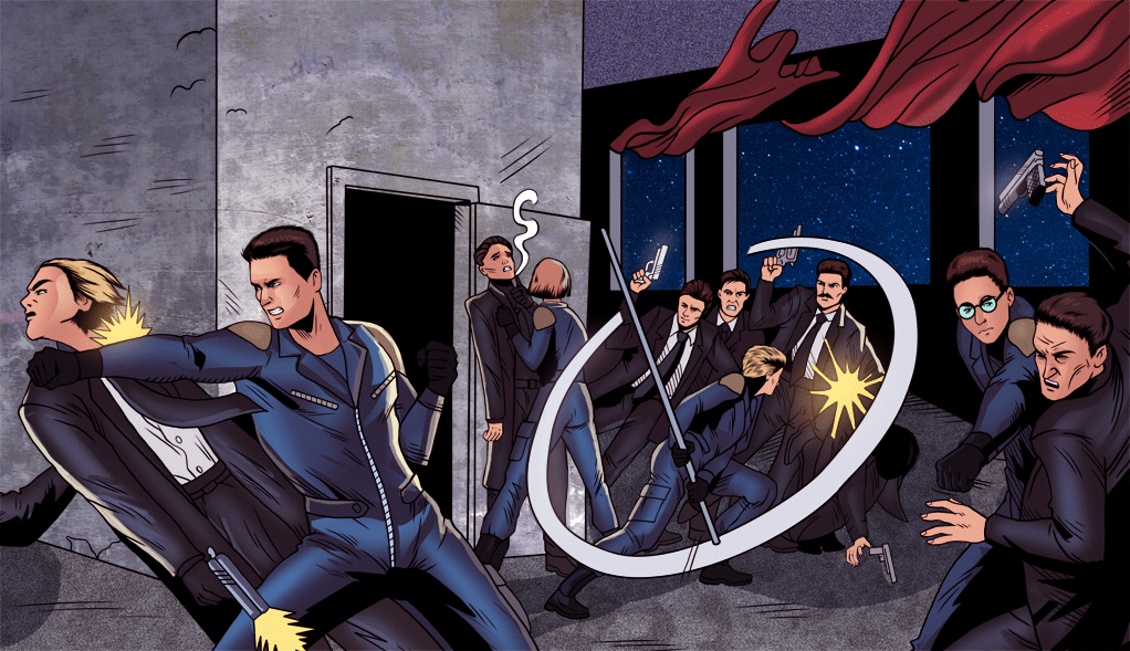 Agents from The Spy Academy and evil villains they hunt, an exciting image of spying, robots and criminals