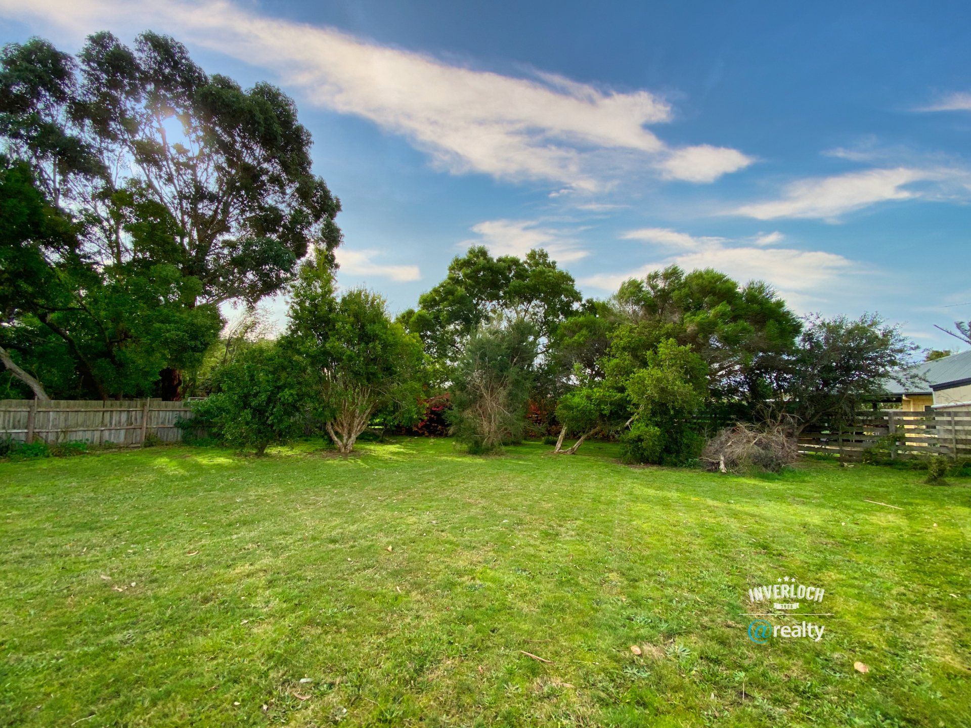 A lush green field with trees and a blue sky in the background