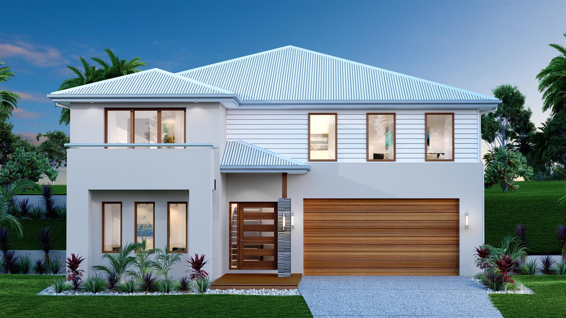 A white house with a blue roof and a wooden garage door.