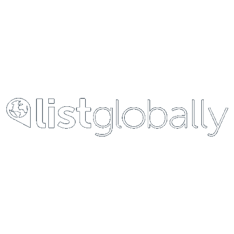 A black and white logo for a company called listglobally