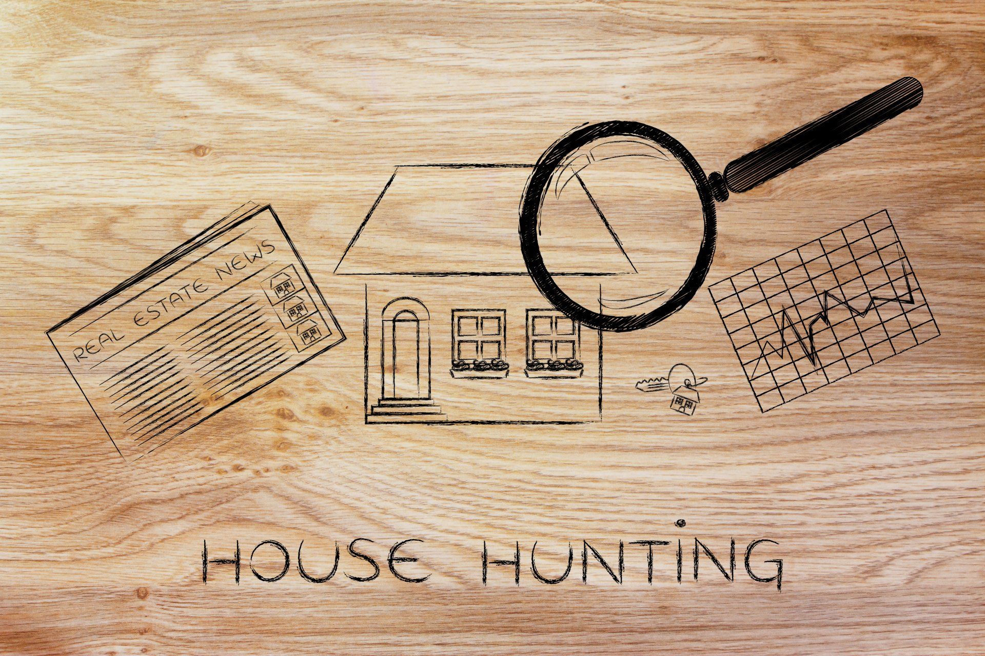 A wooden board with a magnifying glass and a drawing of a house on it