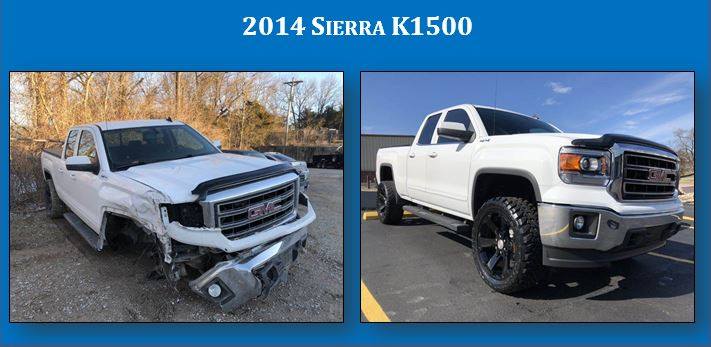 2014 Sierra K1500 in two views: damaged white truck and repaired white truck